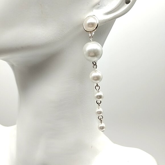 Long Faux Pearl Drop Dangle Earrings Silver Tone Chain Statement - Picture 8 of 11